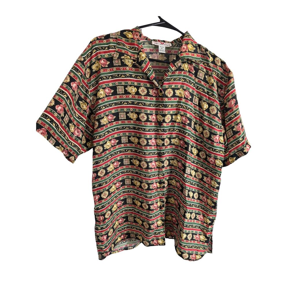 Vintage STUNT COLLECTIONS 100% Silk Floral Geometric Button Down Shirt Size M